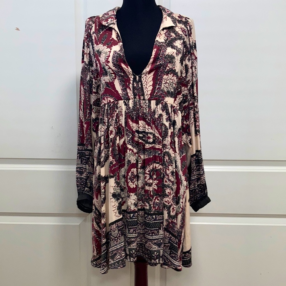 FREE PEOPLE Paisley Printed Boho Tunic Dress/ Pullover Top Burgundy Beige Gray S